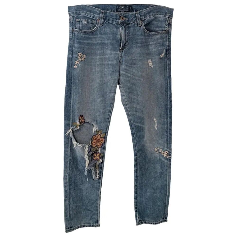 Lucky Brand SIENNA SLIM BOYFRIEND Embroidered Flower Candiani Denim Jean Sz8